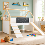 KINDER HOME Kućica za dečiji krevet, Montesori, dvospratna, tobogan, crna tabla, ram dušeka 90k200 cm