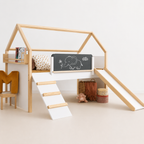 KINDER HOME Kućica za dečiji krevet, Montesori, dvospratna, tobogan, crna tabla, ram dušeka 90k200 cm