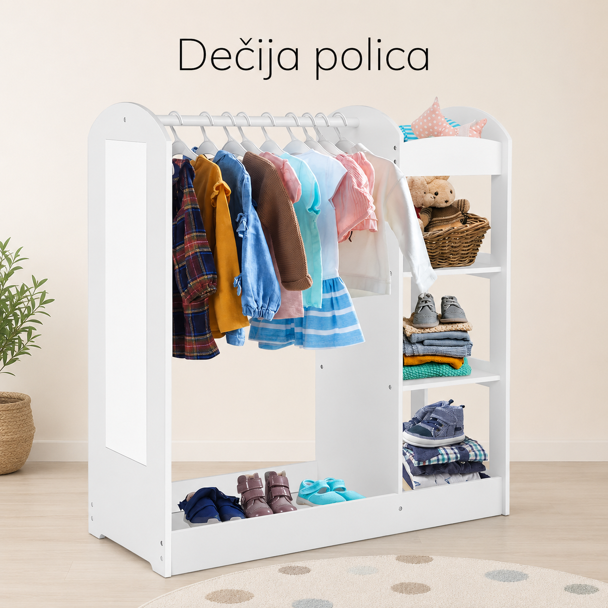 KINDER HOME Dečiji stalak za odeću sa ogledalom - Dečiji otvoreni ormar sa policama i vešalicama, bela