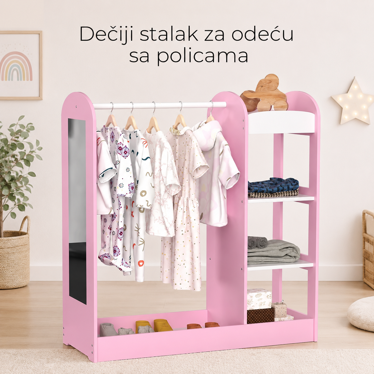 KINDER HOME Dečiji stalak za odeću sa ogledalom - Dečiji otvoreni ormar sa policama i vešalicama, roze