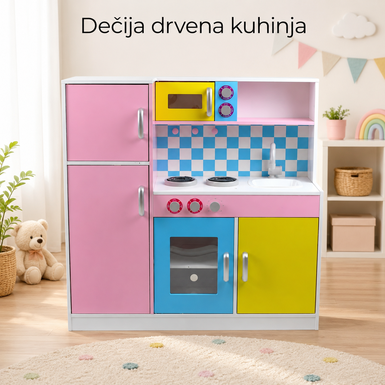 KINDER HOME Dečija kuhinja, drvena igračka za igranje uloga sa šarenim dizajnom, dimenzije
