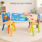 KINDER HOME Dečiji drveni sto i stolice sa morskim životinjama - set za crtanje, igru, učenje i jelo