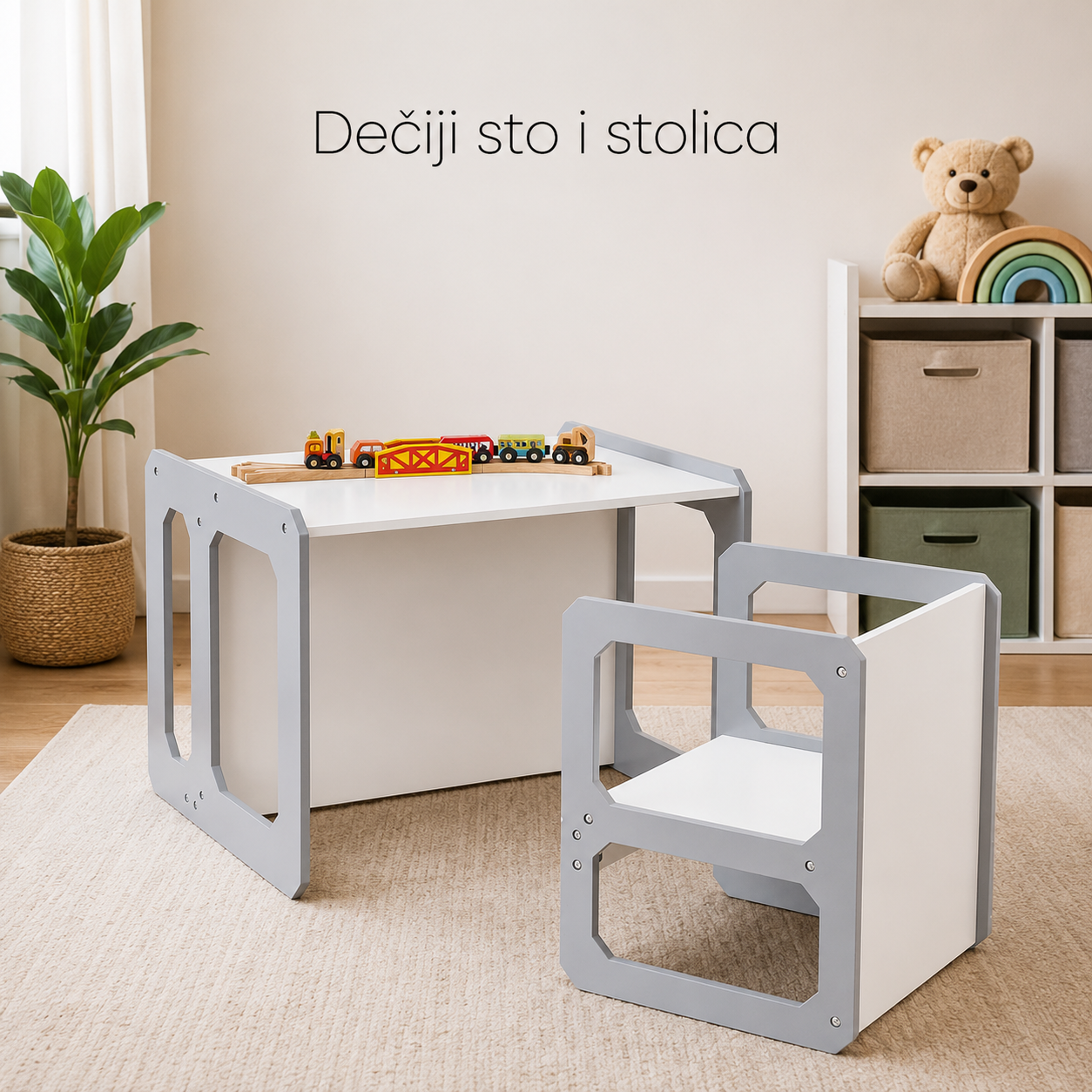 KINDER HOME Montesori dečiji sto i stolica, drveni set 3 u 1, belo sivi