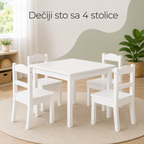 KINDER HOME Dečiji sto sa 4 stolice, drveni set za igru i učenje, beli
