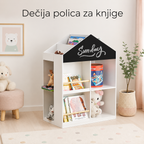 KINDER HOME Dečija polica za igračke i knjige, Kućica sa policama i tablom za crtanje, Montesori, Bela