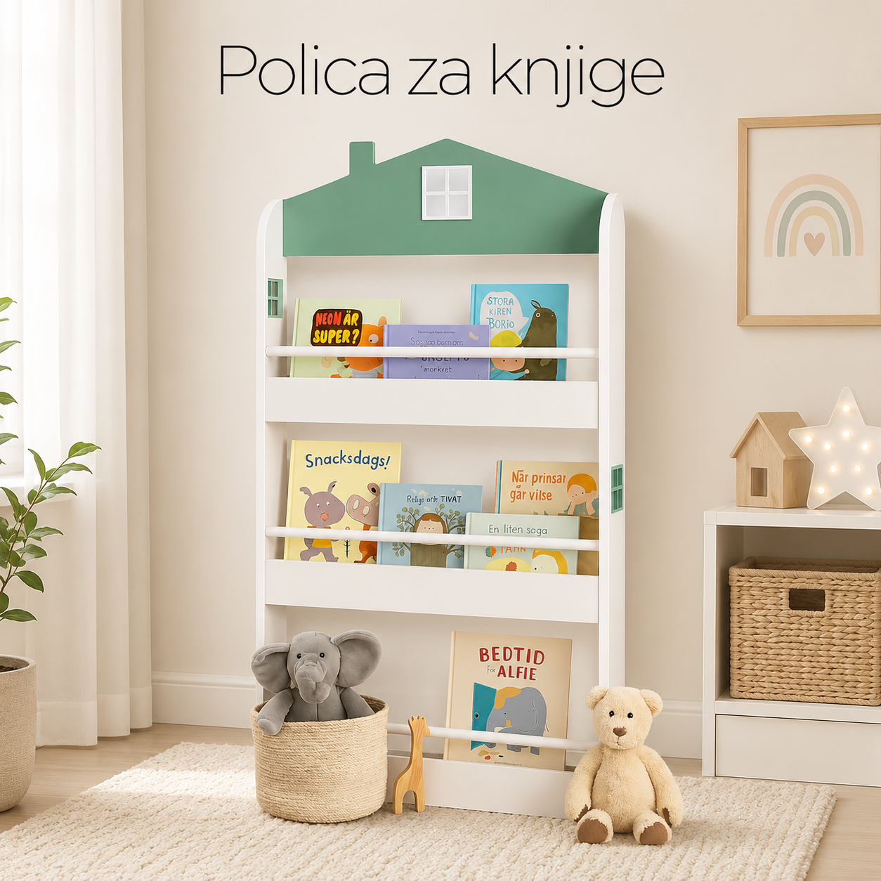 KINDER HOME Dečija polica za knjige i igračke – Kuća, 3 police, drvo
