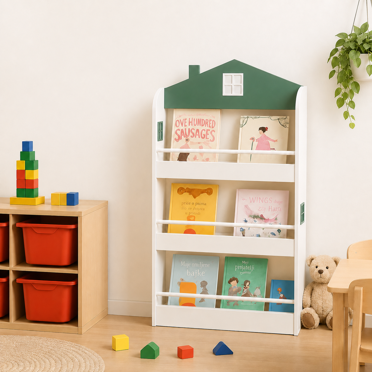 KINDER HOME Dečija polica za knjige i igračke – Kuća, 3 police, drvo