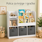 KINDER HOME Dečiji organizator, polica za knjige sa policama za igračke i knjige, 3 tekstilne kutije, drveni, beli, 92x30x80 cm, Montesori
