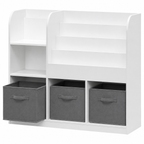 KINDER HOME Dečiji organizator, polica za knjige sa policama za igračke i knjige, 3 tekstilne kutije, drveni, beli, 92x30x80 cm, Montesori