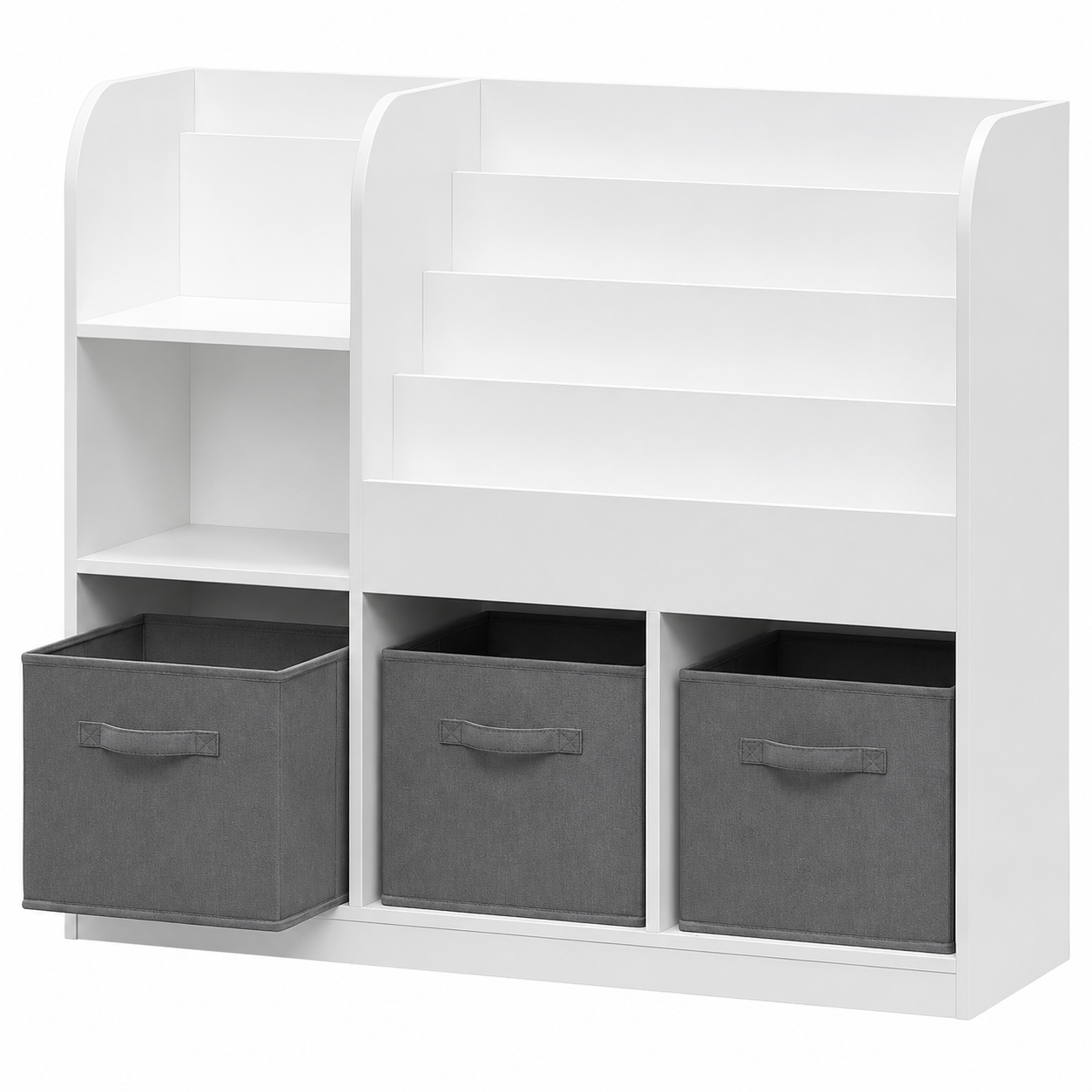 KINDER HOME Dečiji organizator, polica za knjige sa policama za igračke i knjige, 3 tekstilne kutije, drveni, beli, 92x30x80 cm, Montesori