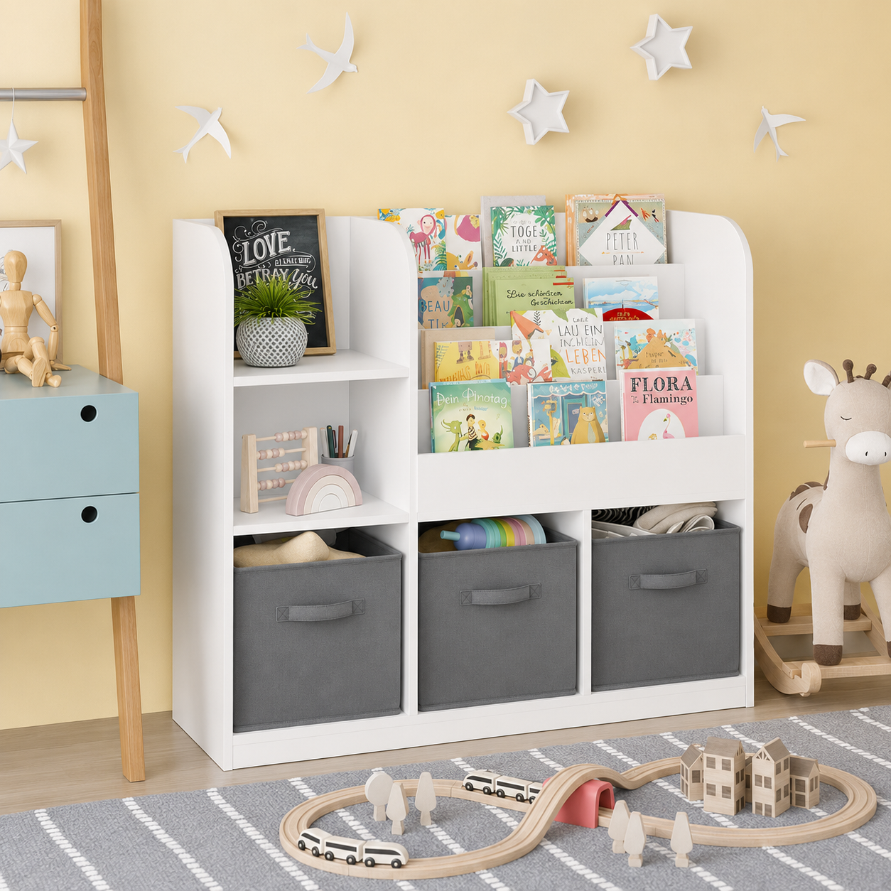 KINDER HOME Dečiji organizator, polica za knjige sa policama za igračke i knjige, 3 tekstilne kutije, drveni, beli, 92x30x80 cm, Montesori
