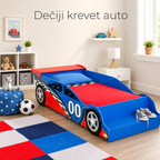KINDER HOME Drveni dečiji krevet, trkački automobil sa ugrađenim stepenikom i sigurnosnim ramom - FORMULA