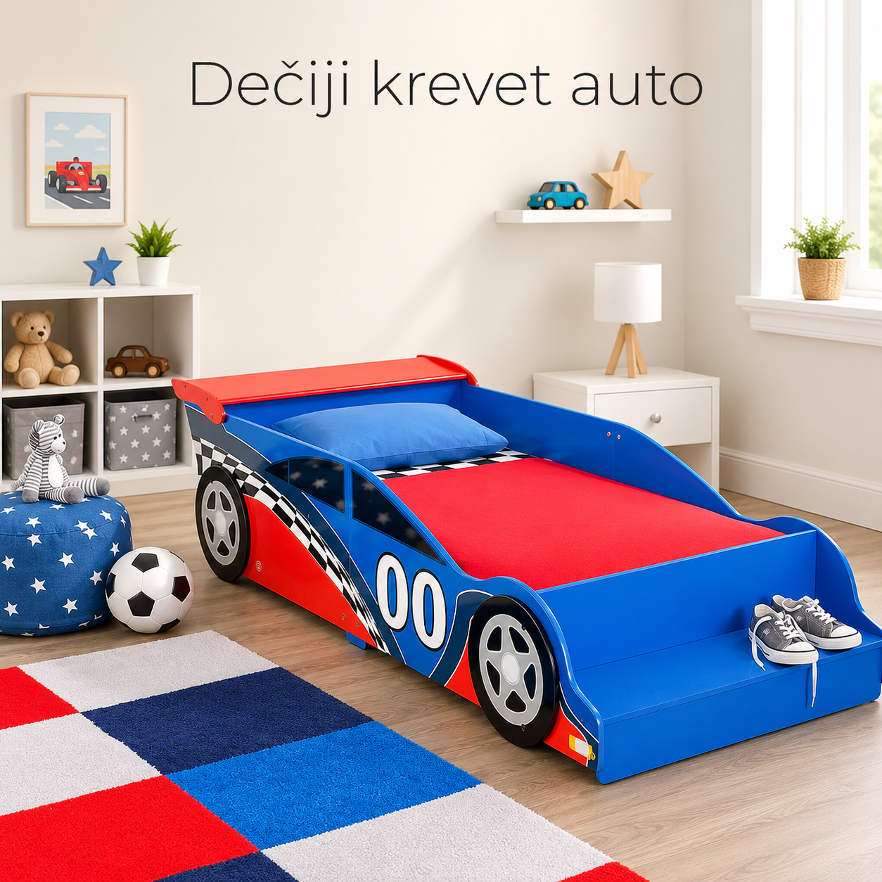 KINDER HOME Drveni dečiji krevet, trkački automobil sa ugrađenim stepenikom i sigurnosnim ramom - FORMULA