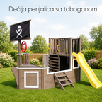 KINDER HOME Dečija drvena penjalica Piratski brod sa toboganom i peskarnikom – Za dvorište i baštu, 310×320×180 cm