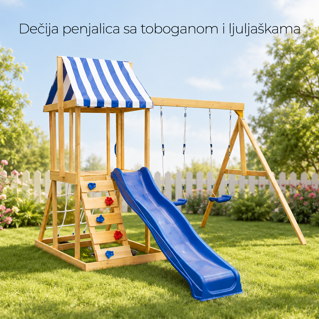 KINDER HOME Dečiji drveni set za igru na otvorenom 4 u 1 – tobogan 1,8 m, 2 ljuljaške, penjalica i mreža od konopaca, 308×318×244 cm