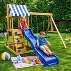 KINDER HOME Dečiji drveni set za igru na otvorenom 4 u 1 – tobogan 1,8 m, 2 ljuljaške, penjalica i mreža od konopaca, 308×318×244 cm