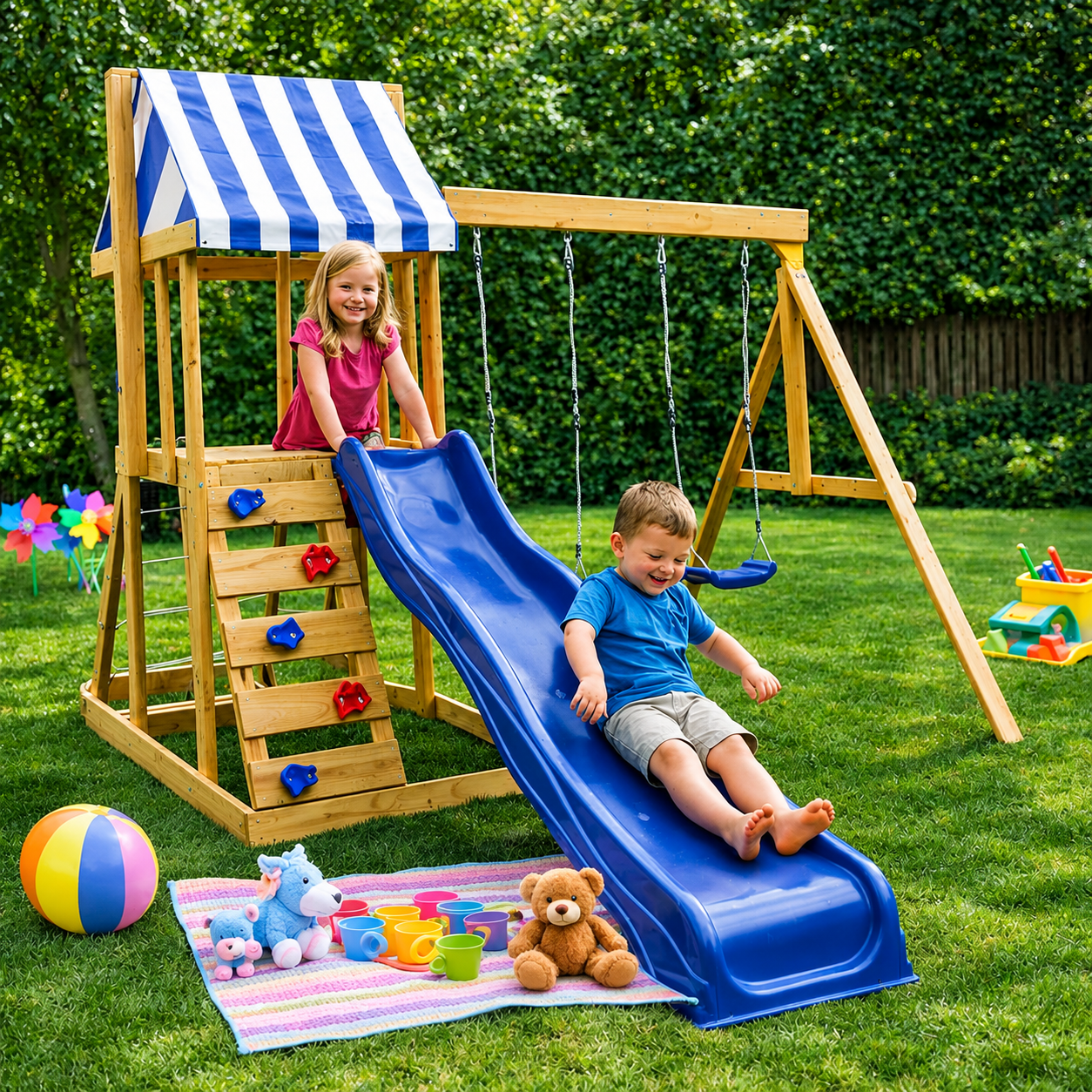 KINDER HOME Dečiji drveni set za igru na otvorenom 4 u 1 – tobogan 1,8 m, 2 ljuljaške, penjalica i mreža od konopaca, 308×318×244 cm