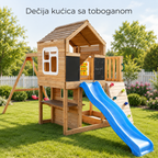 KINDER HOME Velika dečija drvena kućica za igru za dvorište sa toboganom, 2 ljuljaške, penjalicom i peskarnikom – 250×150×267 cm