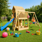 KINDER HOME Velika dečija drvena kućica za igru za dvorište sa toboganom, 2 ljuljaške, penjalicom i peskarnikom – 250×150×267 cm