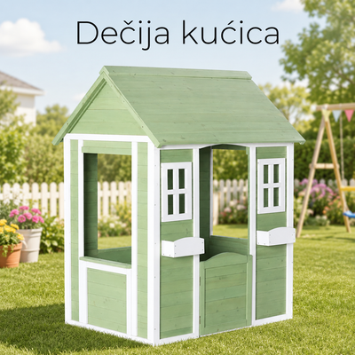 KINDER HOME Dečija drvena kućica za igru na otvorenom – baštenska kućica za decu, zelena i bela, 107×90×144 cm