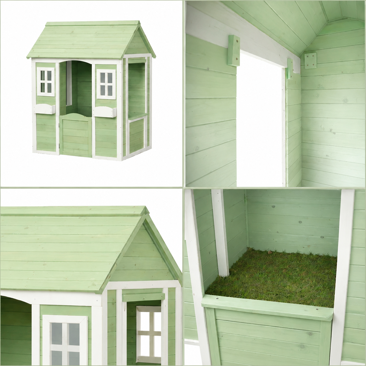 KINDER HOME Dečija drvena kućica za igru na otvorenom – baštenska kućica za decu, zelena i bela, 107×90×144 cm