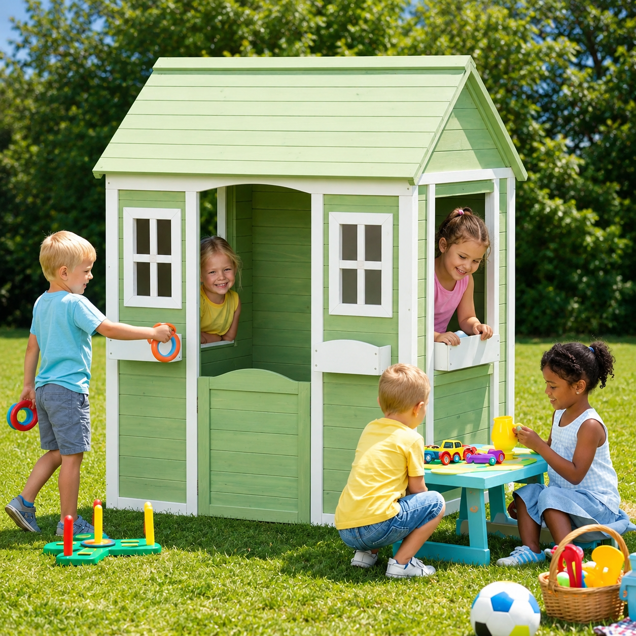 KINDER HOME Dečija drvena kućica za igru na otvorenom – baštenska kućica za decu, zelena i bela, 107×90×144 cm