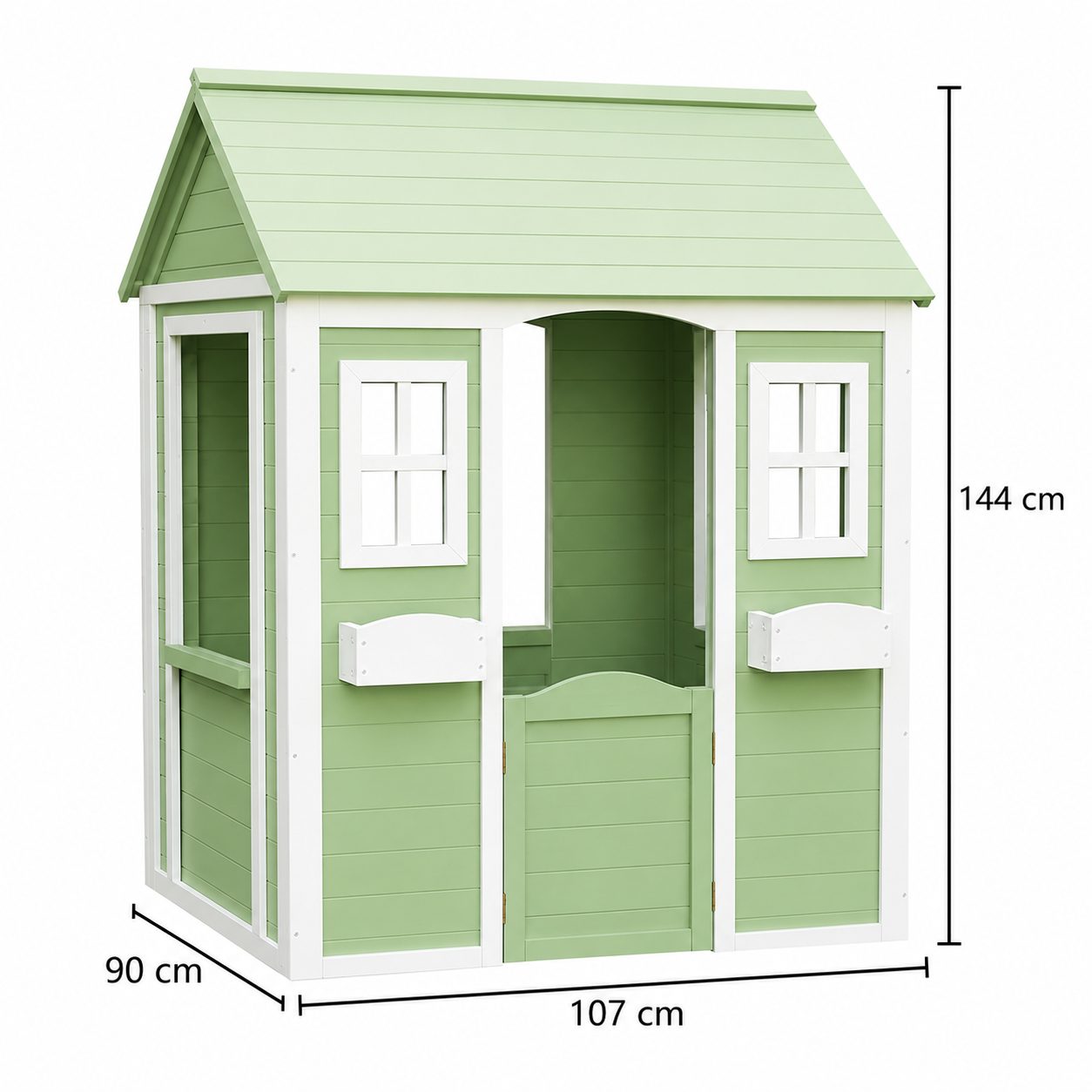 KINDER HOME Dečija drvena kućica za igru na otvorenom – baštenska kućica za decu, zelena i bela, 107×90×144 cm