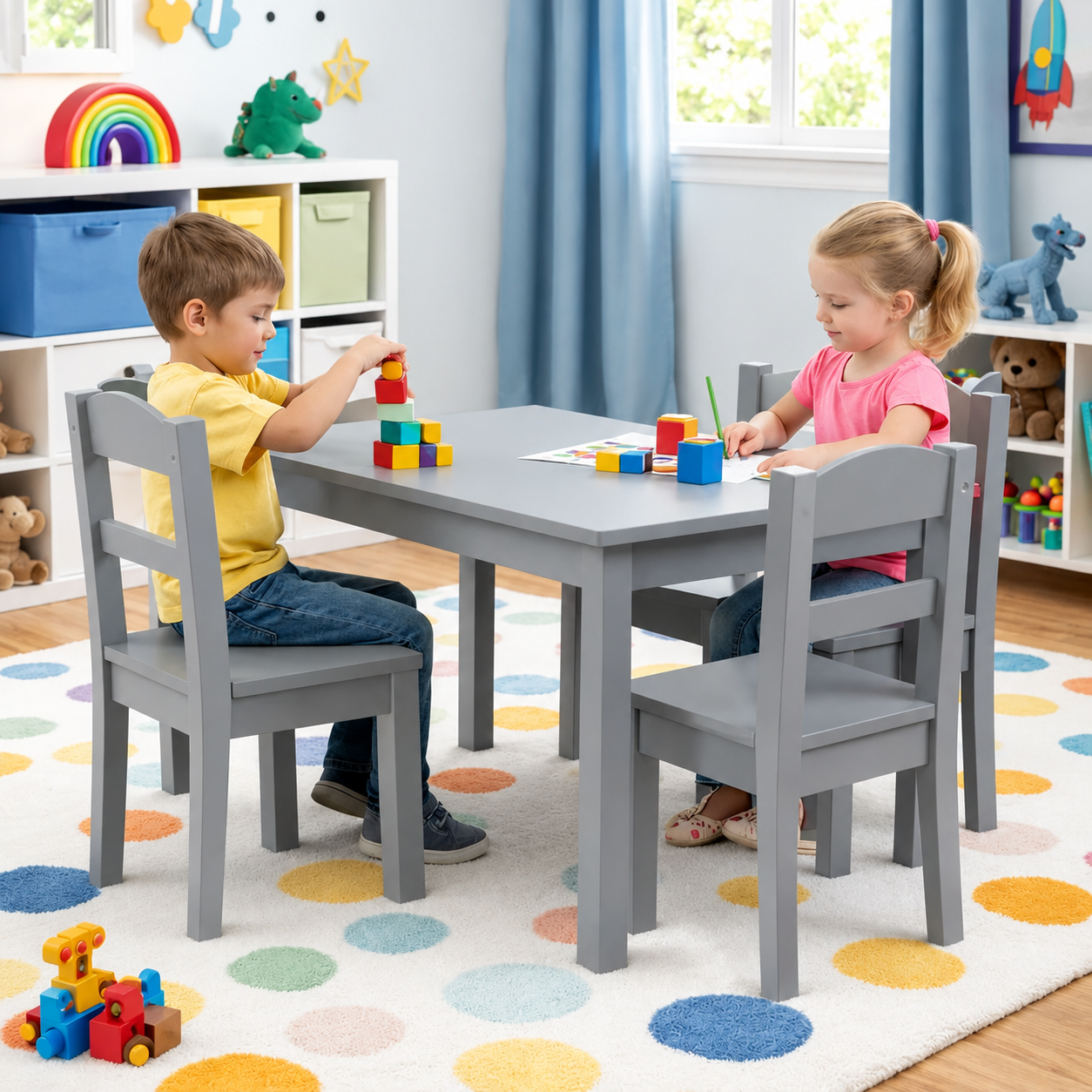 KINDER HOME Dečiji sto sa 4 stolice – Drveni dečiji sto za igru i učenje, sivi set
