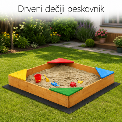 KINDER HOME Dečiji drveni peskarnik sa 4 sedišta – 90x90 cm, za dvorište i baštu