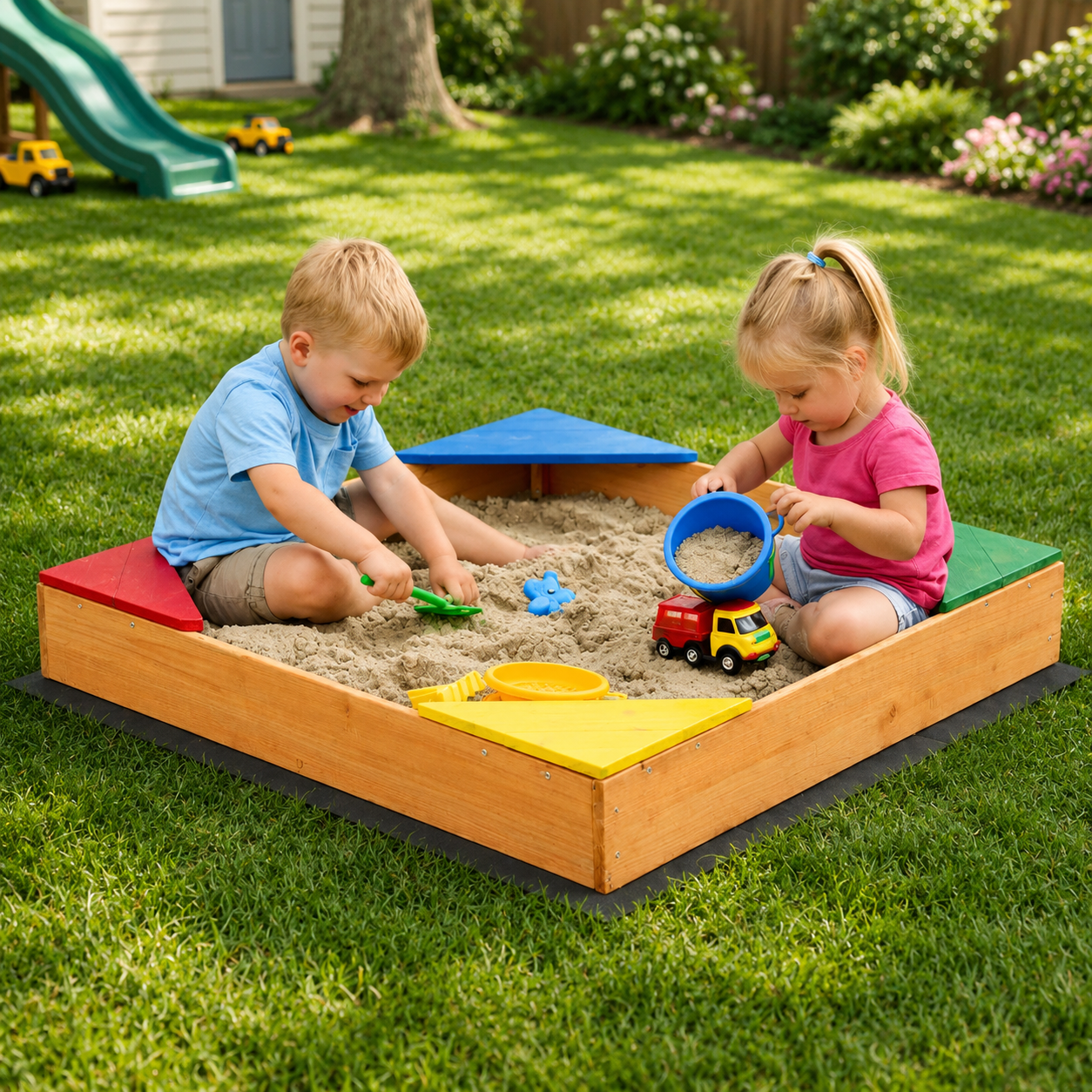KINDER HOME Dečiji drveni peskarnik sa 4 sedišta – 90x90 cm, za dvorište i baštu