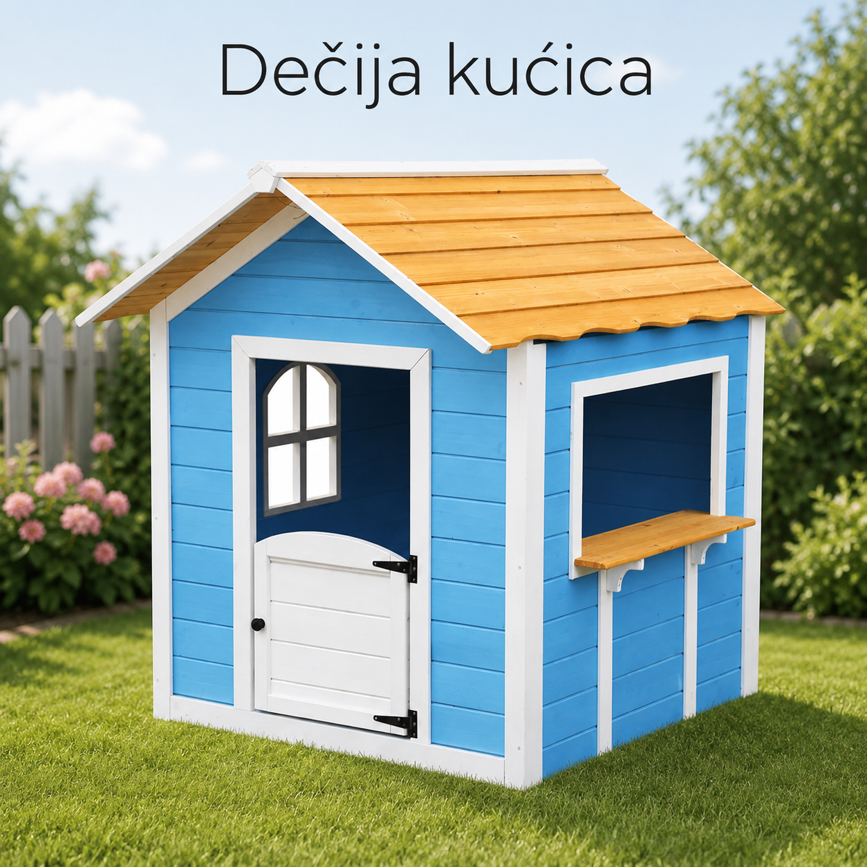 KINDER HOME Dečija drvena kućica za igru – Za igranje uloga, dvorište i baštu, plava, 118×138×132,5