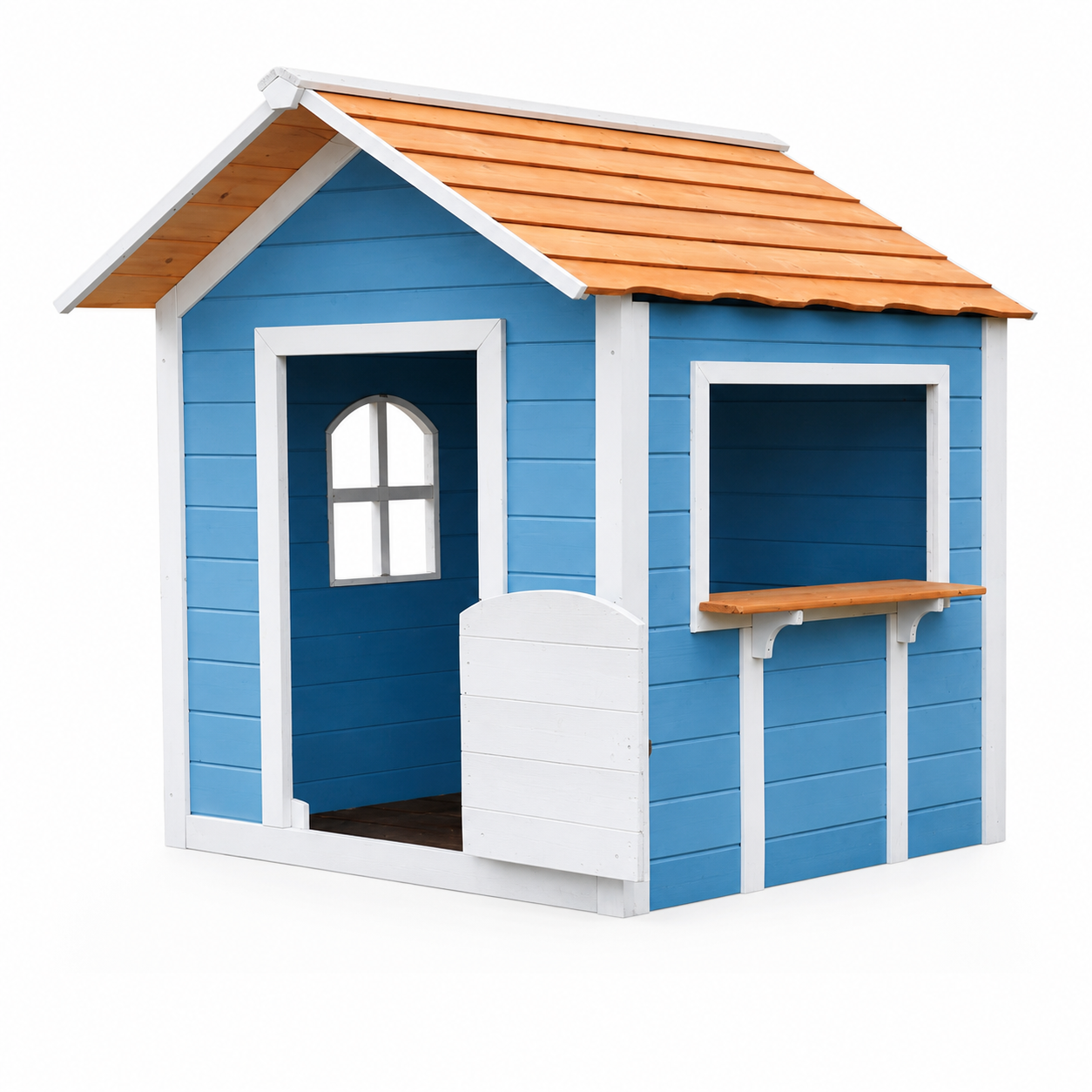 KINDER HOME Dečija drvena kućica za igru – Za igranje uloga, dvorište i baštu, plava, 118×138×132,5