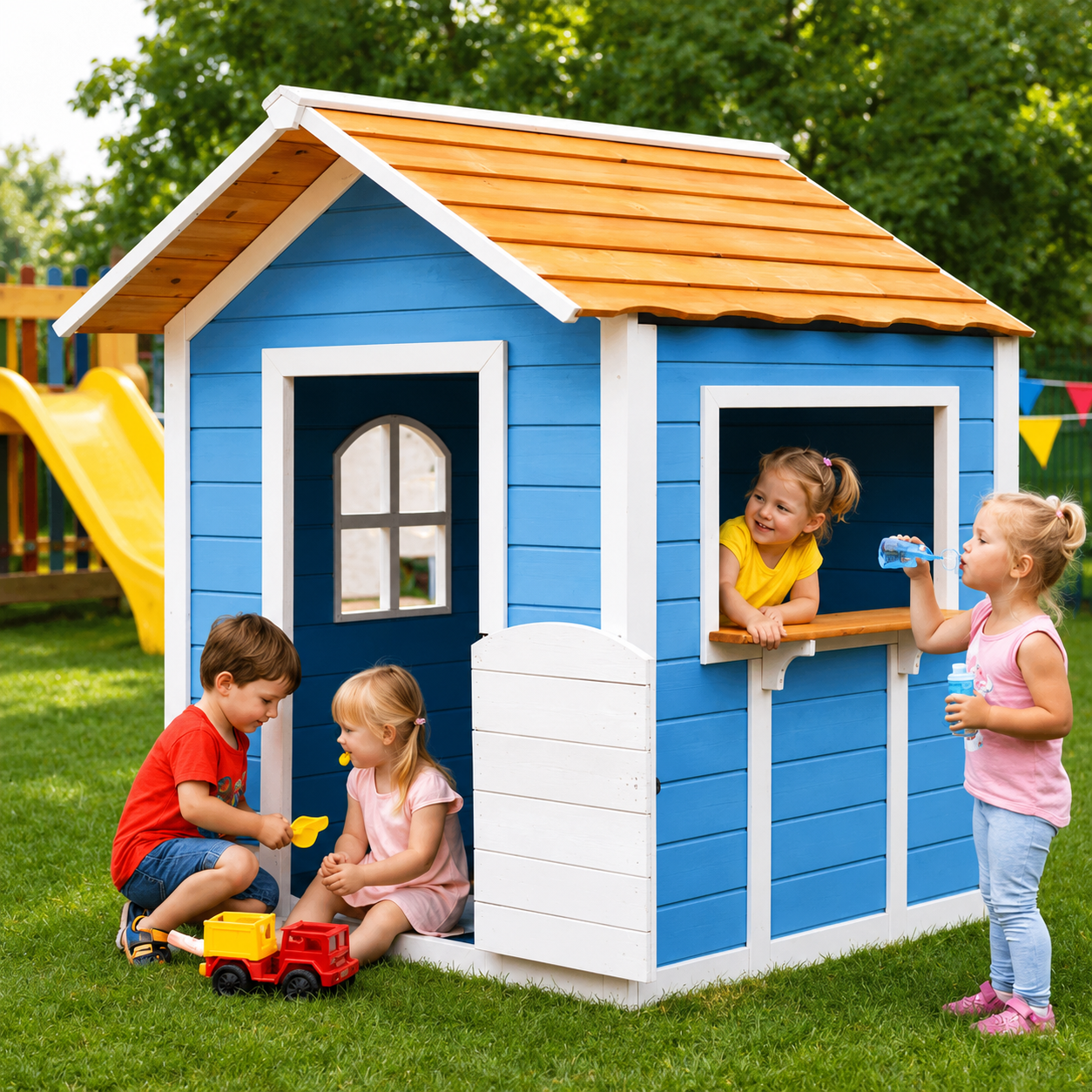 KINDER HOME Dečija drvena kućica za igru – Za igranje uloga, dvorište i baštu, plava, 118×138×132,5