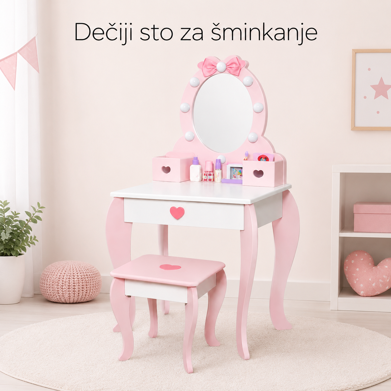 KINDER HOME Dečiji drveni toaletni stočić sa ogledalom i svetlima, roze, 92 cm