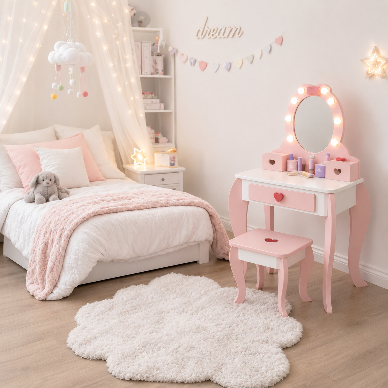 KINDER HOME Dečiji drveni toaletni stočić sa ogledalom i svetlima, roze, 92 cm