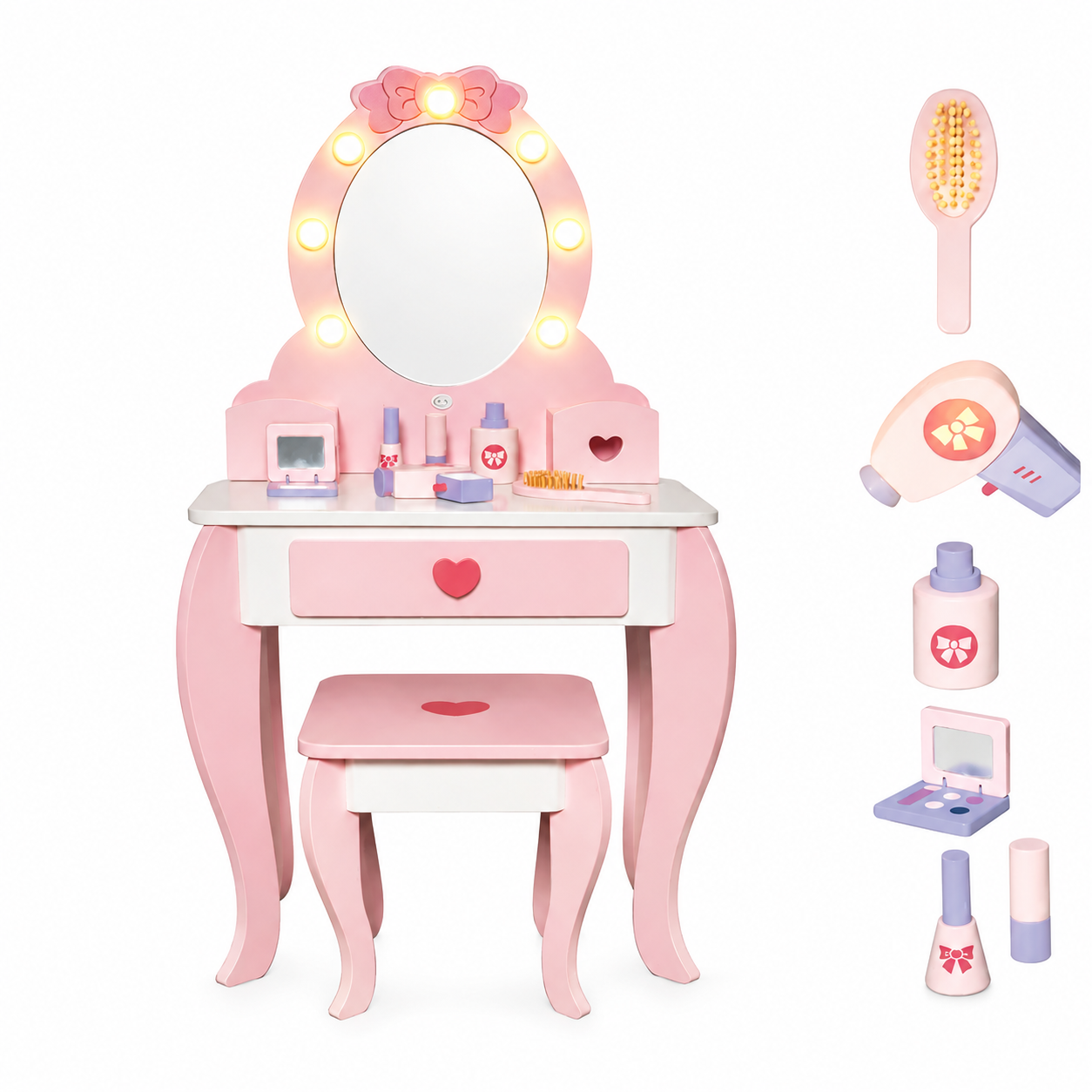 KINDER HOME Dečiji drveni toaletni stočić sa ogledalom i svetlima, roze, 92 cm