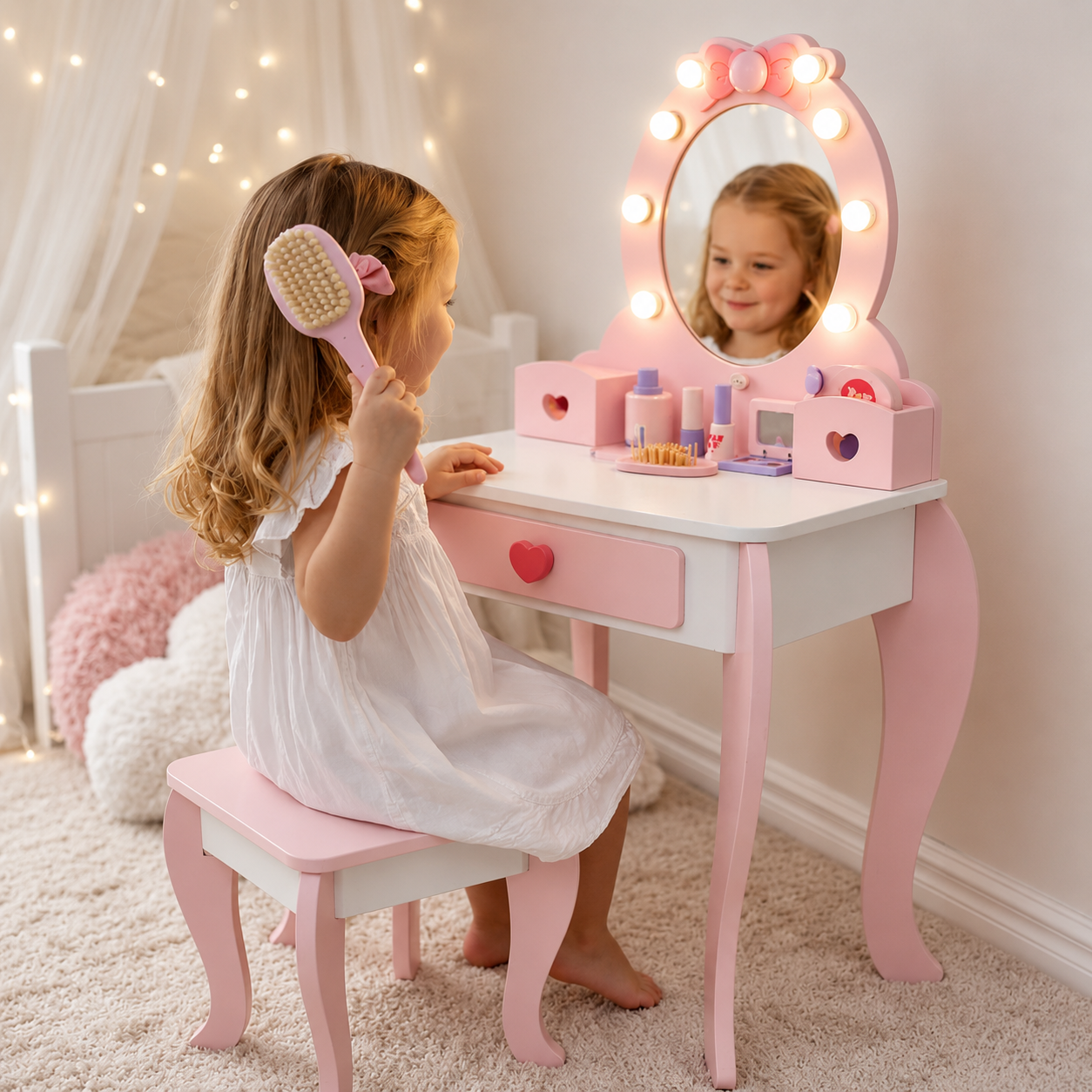 KINDER HOME Dečiji drveni toaletni stočić sa ogledalom i svetlima, roze, 92 cm