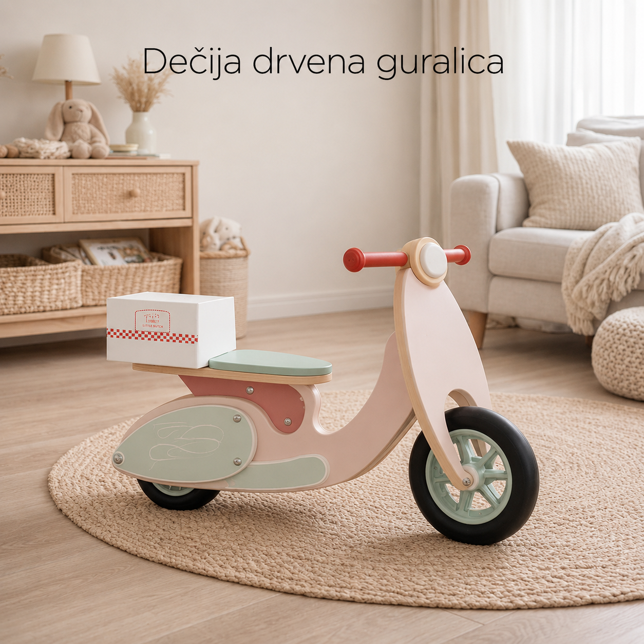 KINDER HOME Dečiji drveni bicikl za balansiranje – Motocikl sa kutijom za picu, 81×36×52
