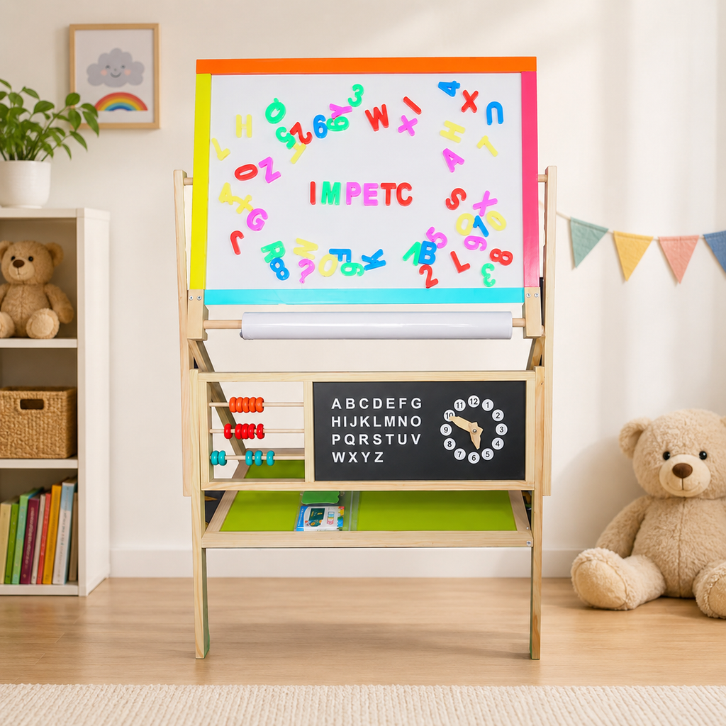 KINDER HOME Dečija drvena tabla, stativ 3 u 1 - tabla, magnetna tabla, tabla sa dodacima