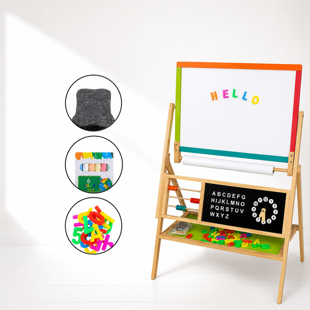 KINDER HOME Dečija drvena tabla, stativ 3 u 1 - tabla, magnetna tabla, tabla sa dodacima