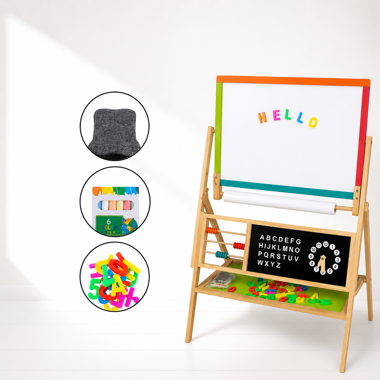 KINDER HOME Dečija drvena tabla, stativ 3 u 1 - tabla, magnetna tabla, tabla sa dodacima