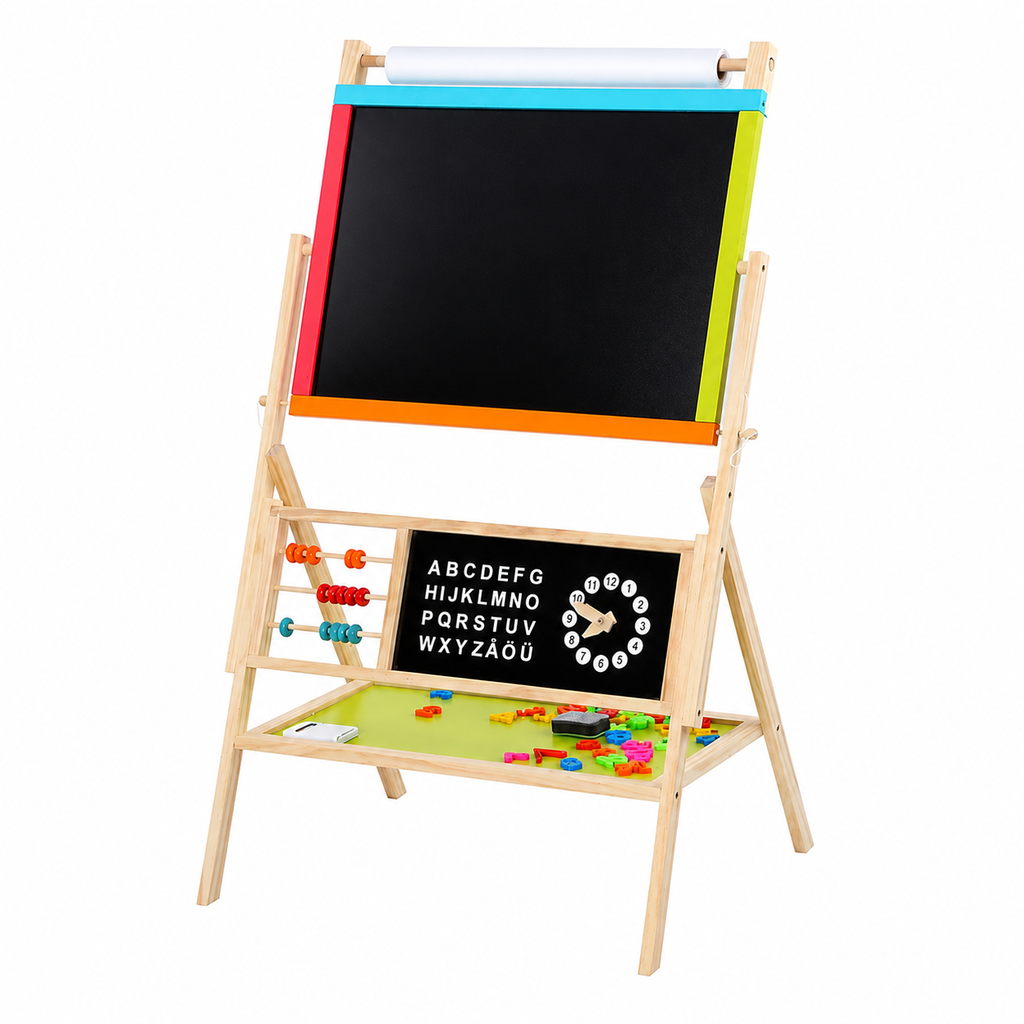 KINDER HOME Dečija drvena tabla, stativ 3 u 1 - tabla, magnetna tabla, tabla sa dodacima