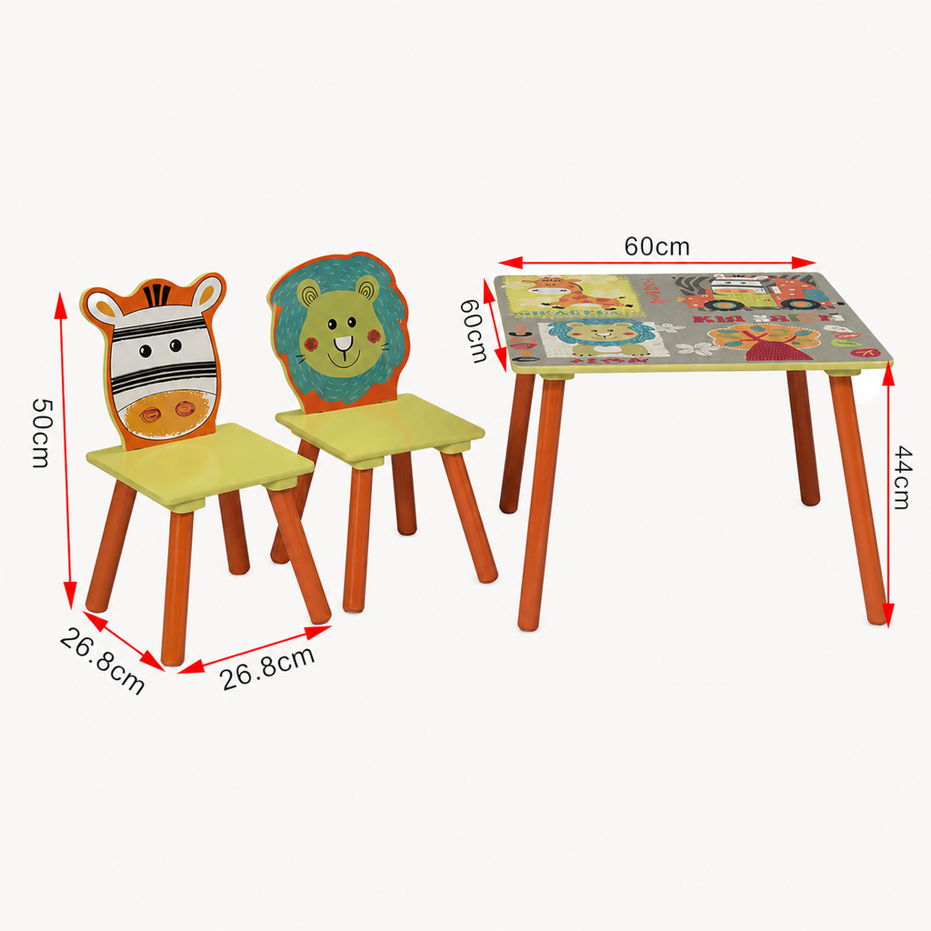KINDER HOME Dečiji sto sa 2 stolice, drvena garnitura - za učenje, igru, crtanje, jelo - SAFARI