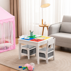 KINER HOME Dečiji sto sa 2 stolice, dvostrani, drveni set za učenje, crtanje, pisanje, slaganje konstruktora tipa lego - belo/siva