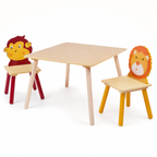 KINDER HOME Dečiji drveni sto sa 2 stolice, set - za učenje, igru, crtanje, jelo - ŽIVOTINJE