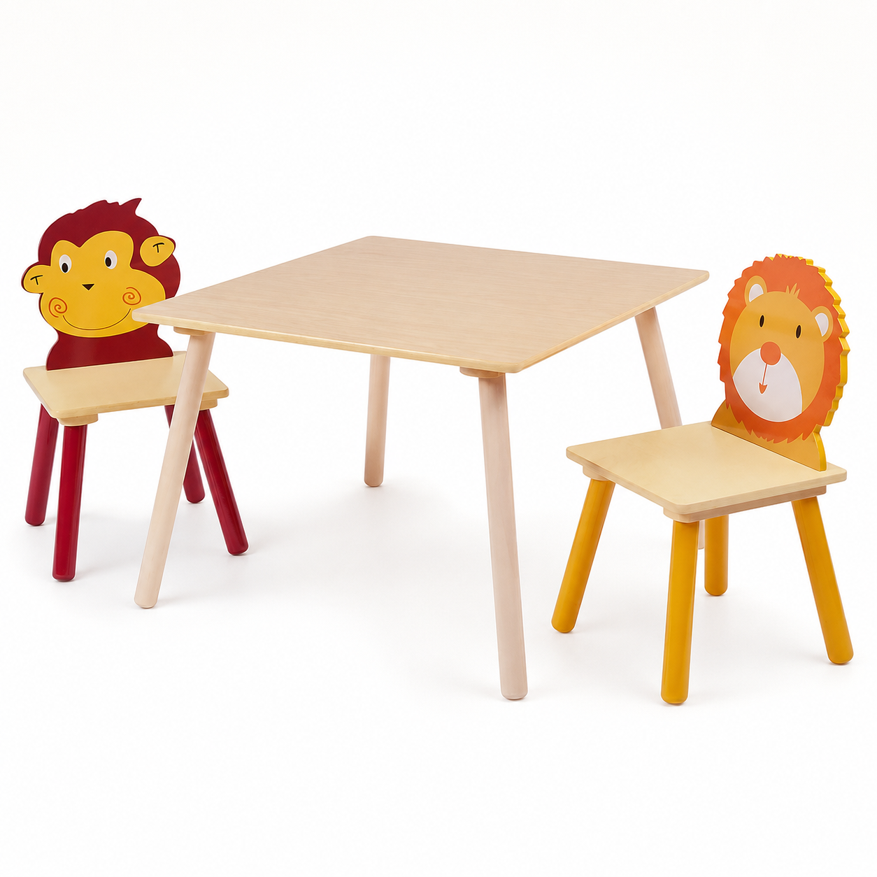 KINDER HOME Dečiji drveni sto sa 2 stolice, set - za učenje, igru, crtanje, jelo - ŽIVOTINJE