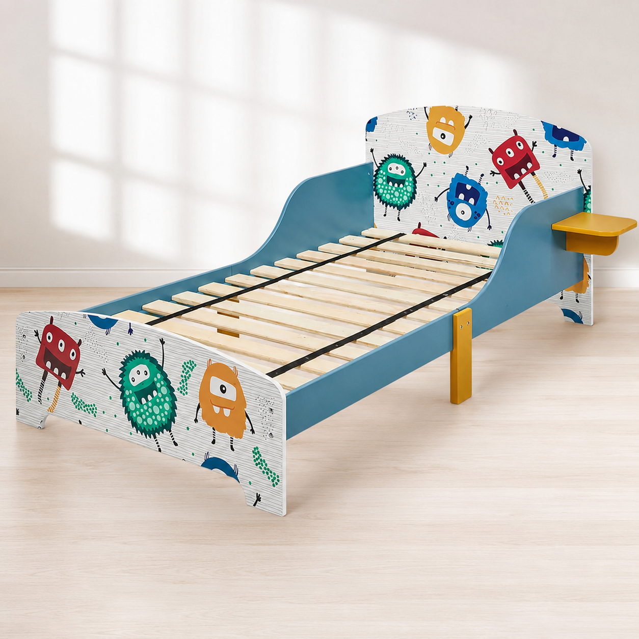 KINDER HOME Dečiji drveni krevet sa zaštitom od pada, ram dušeka od letvica 140/70 cm, udobno postolje - MONSTER