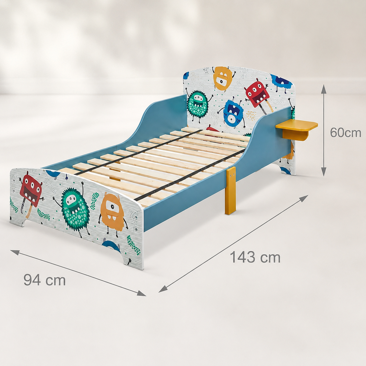 KINDER HOME Dečiji drveni krevet sa zaštitom od pada, ram dušeka od letvica 140/70 cm, udobno postolje - MONSTER