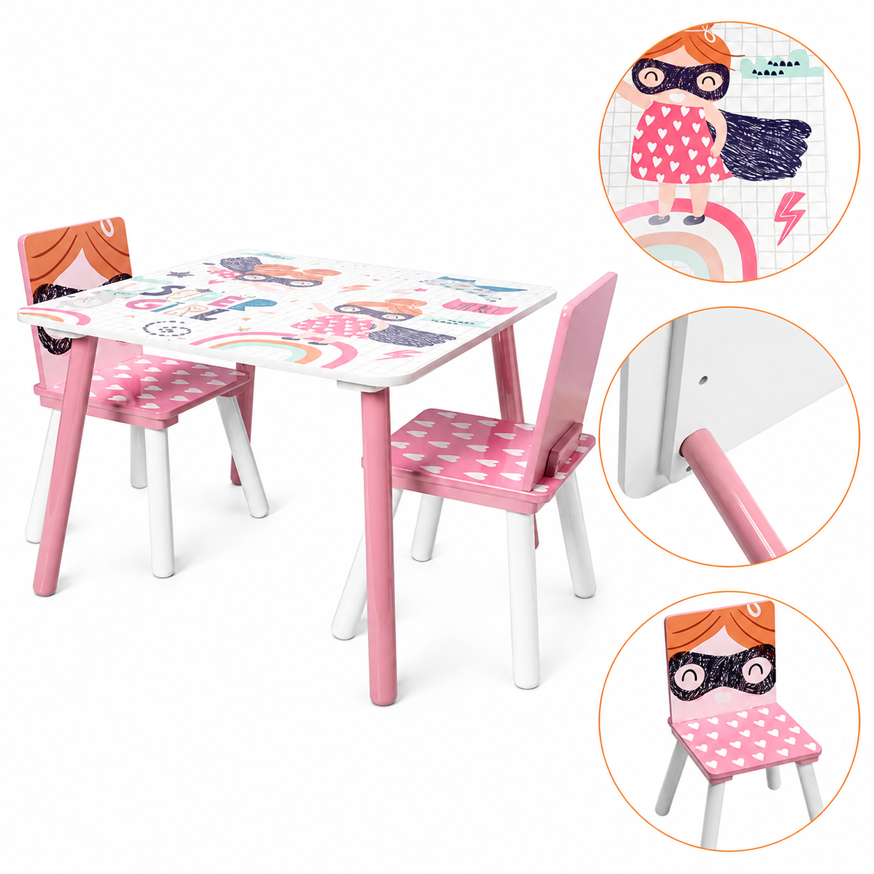 KINDER HOME Dečiji sto sa stolicama, drvena garnitura - za učenje, igru, jelo, nameštaj za dečiju sobu, belo i roze - SUPER GIRL