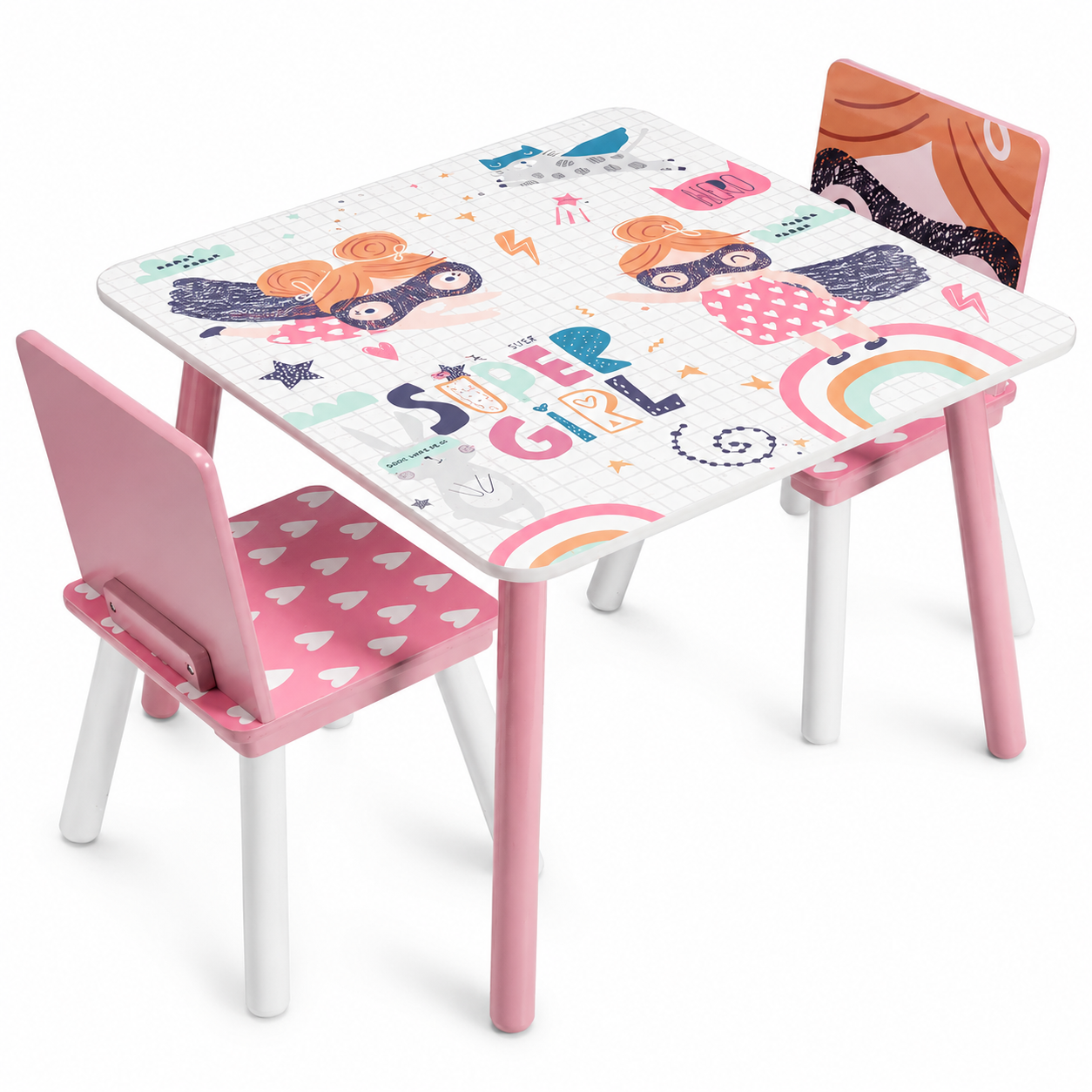 KINDER HOME Dečiji sto sa stolicama, drvena garnitura - za učenje, igru, jelo, nameštaj za dečiju sobu, belo i roze - SUPER GIRL